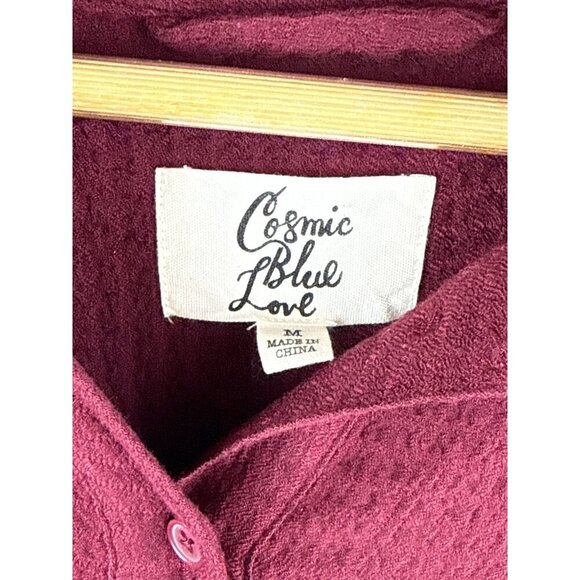 Cosmic Blue Love Womens Textured Burgundy Button-Up Blouse Long Sleeve Size M Ra - Picture 2 of 4